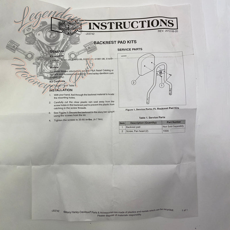 Sissy bar cushion OEM 52300301