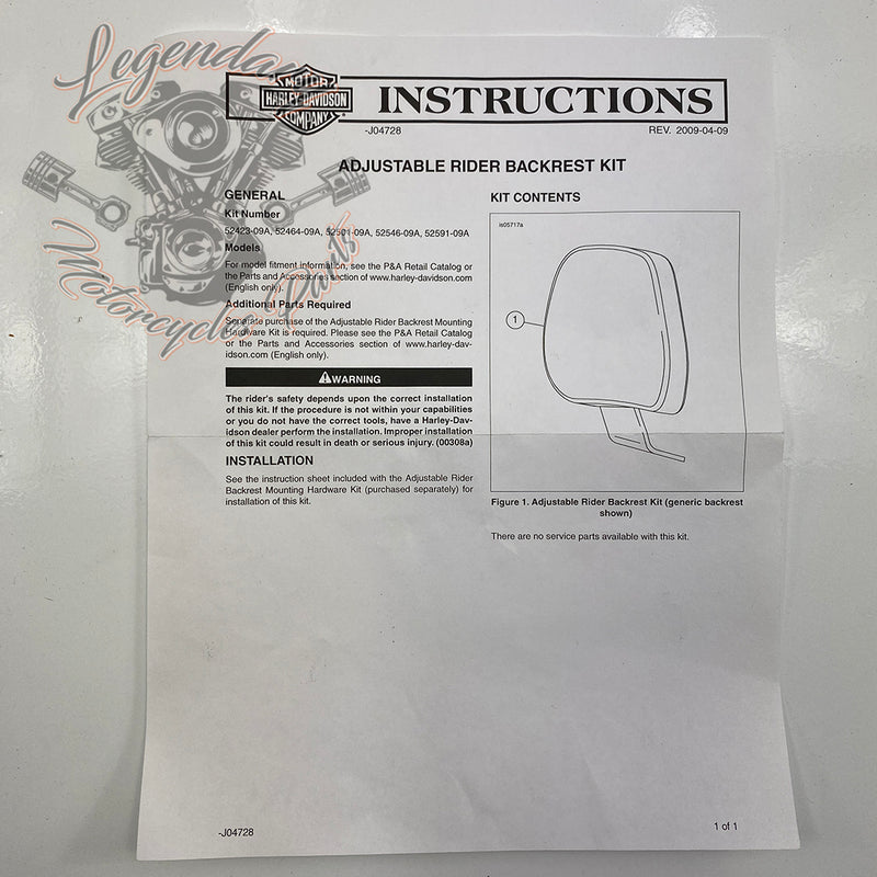 Adjustable Rider Backrest OEM 52591-09A